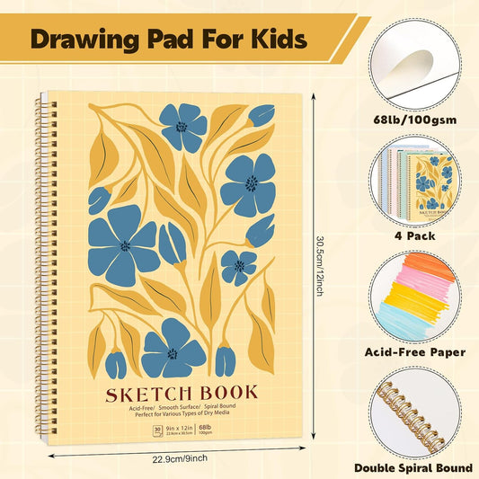 4 Pack Sketch Book 9 × 12in, Spiral Bound, 100gsm Acid-Free Sketch Pads