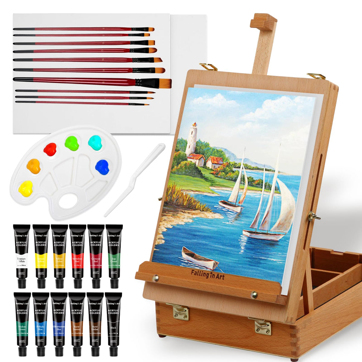 Falling in Art Wooden Tabletop Easel, Beech Wood Sketchbox Desktop Easel