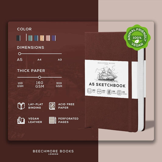 Beechmore Books A5 5.8x8.3 Mixed Media Sketchbook 160 GSM/98LB, Gift Box