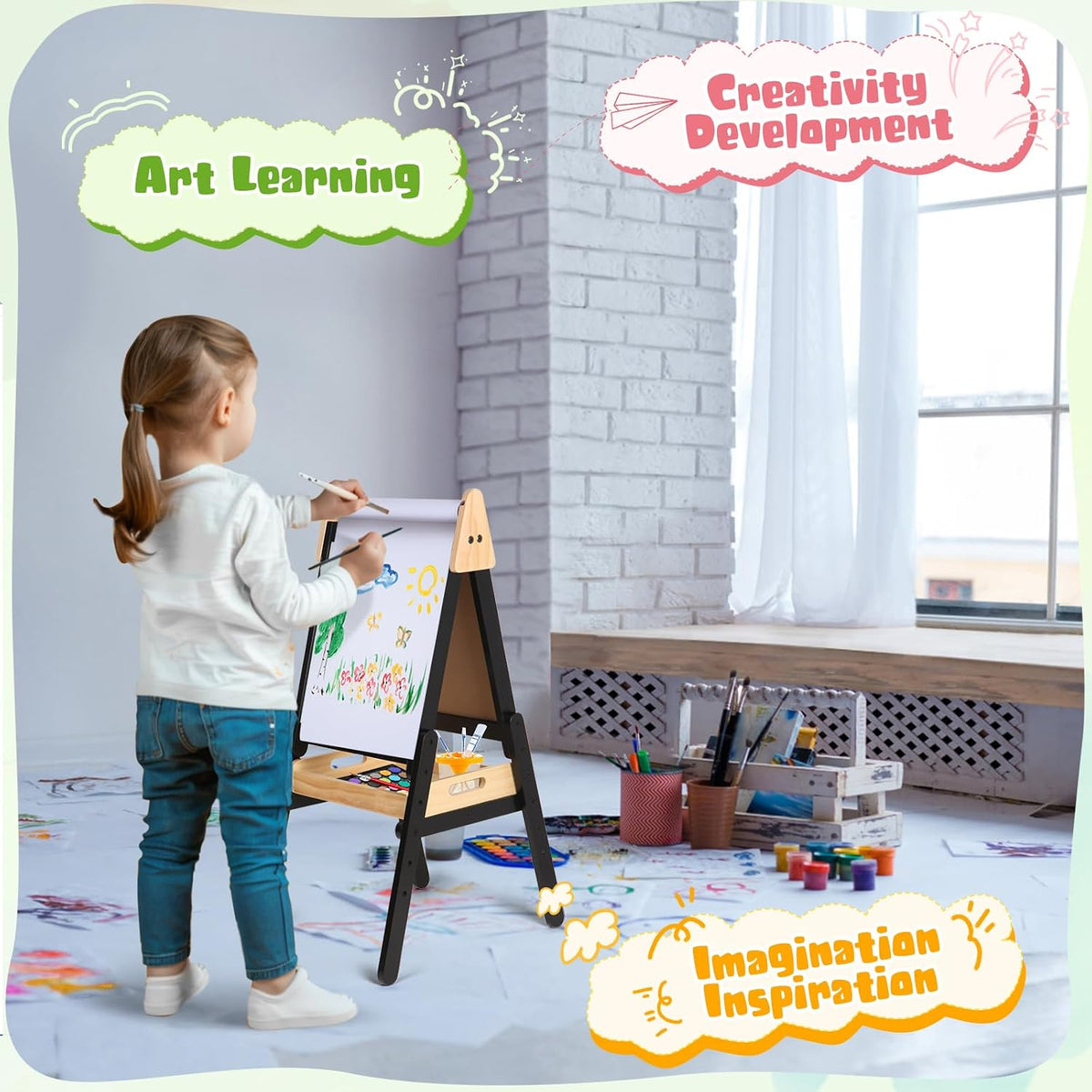 3 in 1 Easel for Little Kids with Wood Tray, Double Sided Wooden Easel with Paper Roll, Magnetic Whiteboard & Dry Erase Black Chalkboard, Height Adjustable Painting Standing for Toddlers Childrens 2-5