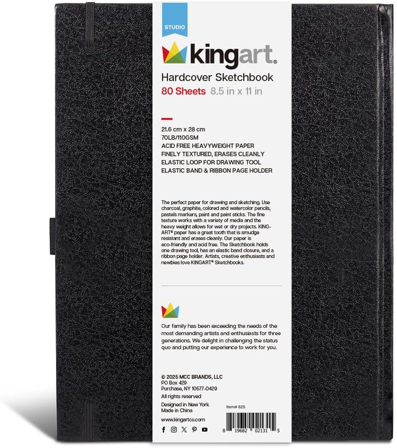 KINGART Hardcover Sketchbook Journal – 8.5 x 11 Inch, 1-Pack – 80 Sheets (160 Pages), 70 lb (110 GSM) Acid-Free Heavyweight Black Bound Notebook
