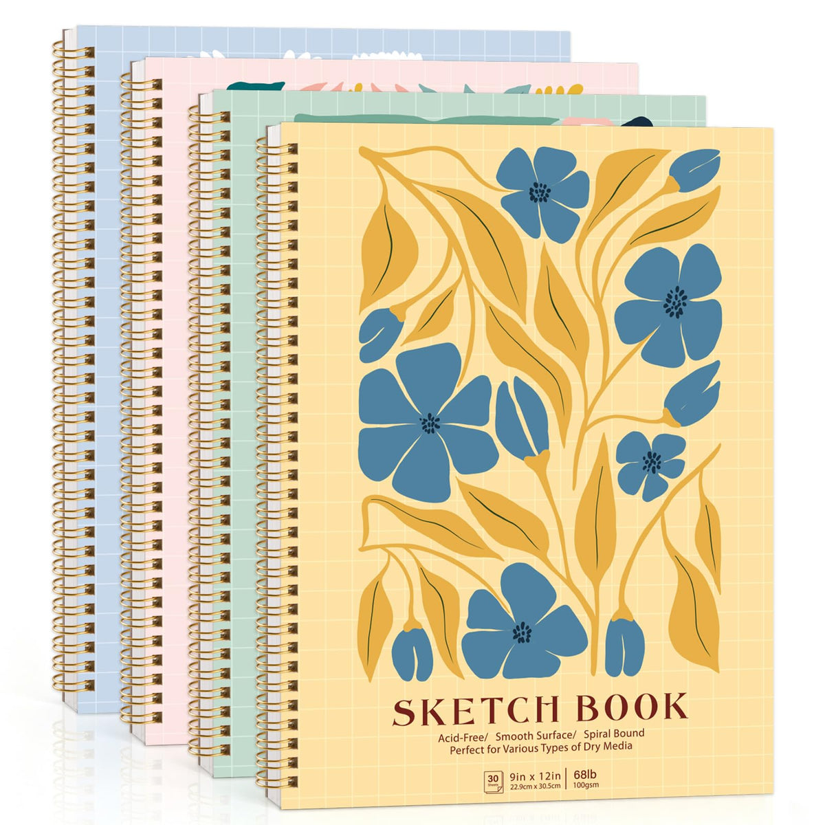 4 Pack Sketch Book 9 × 12in, Spiral Bound, 100gsm Acid-Free Sketch Pads