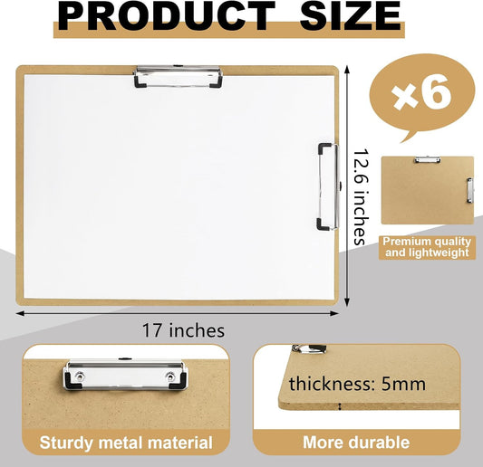Frcctre 6 Pack 13 x 17 Inch Wooden Clipboard, Extra Large Portable Wooden Drawing Boards with Double Low-Profile Metal Clip for Class or Studio Sketching, Drawing, Painting