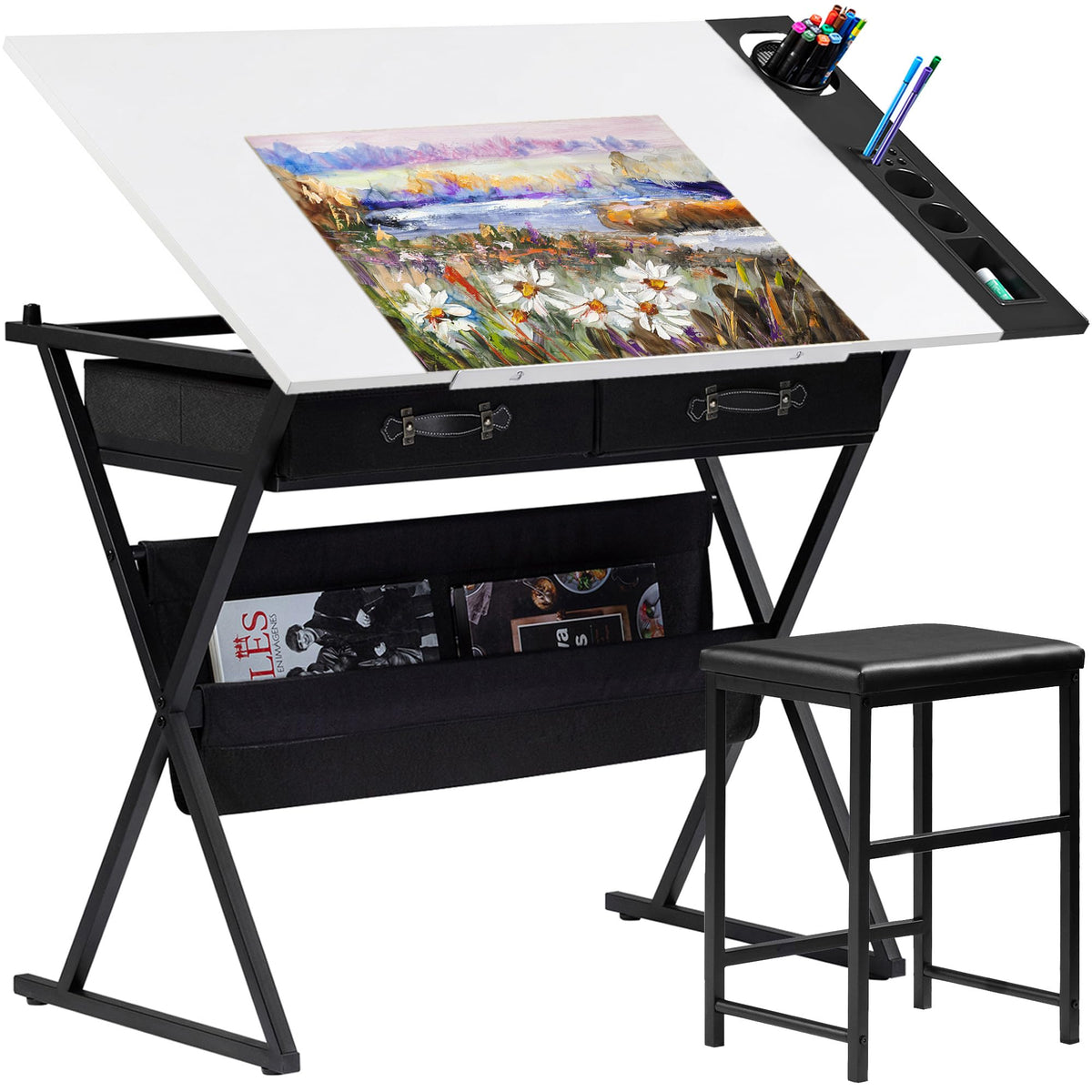 VECELO Drafting Table Art Desk Art Table Adjustable Drawing Table Tilted Tabletop with 2 Storage Drawers and Stool, Drawing Desk for Artist Painters Drawing, Crafting, Reading, Writing, Rustic Brown