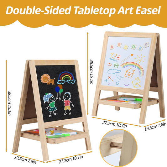 Tabletop Painting Wooden Art Easel for Kids - 4-in-1 Double-Sided Drawing Board for Toddlers 2-4, Chalkboard & Dry Whiteboard with Markers, Eraser, Magnetic Letters/Numbers & Flashcards