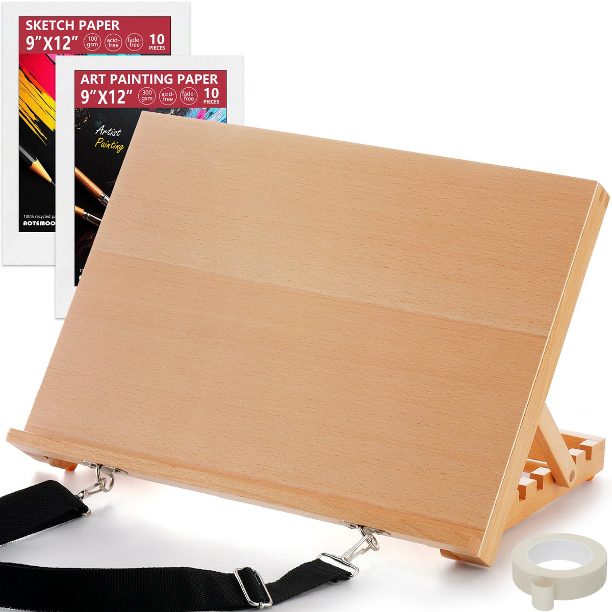 24.9"x17.3" Beechwood Tabletop Easel with Paint and Sketch Papers,Mask Tape