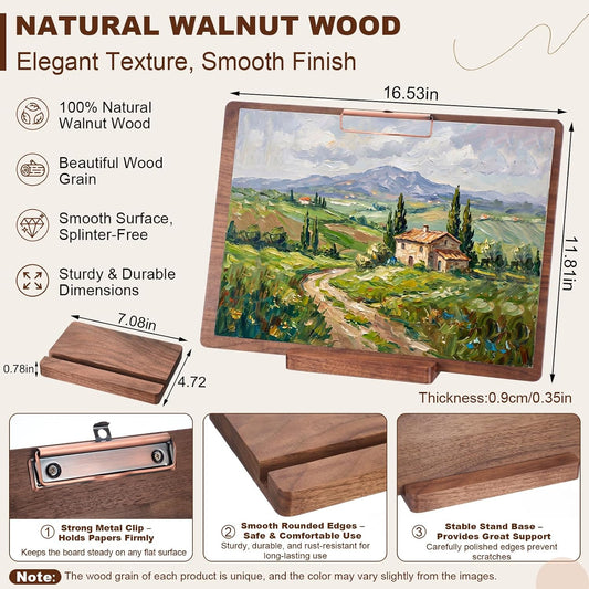 Mifoci Walnut Wood Clipboard, Drawing Clip Board, 16.5 x 11.8 Inch Legal Size Clipboard, Horizontal Lap Easel Board for Sketching, Watercolor Painting, Artist Supplies, Landscape Drawing
