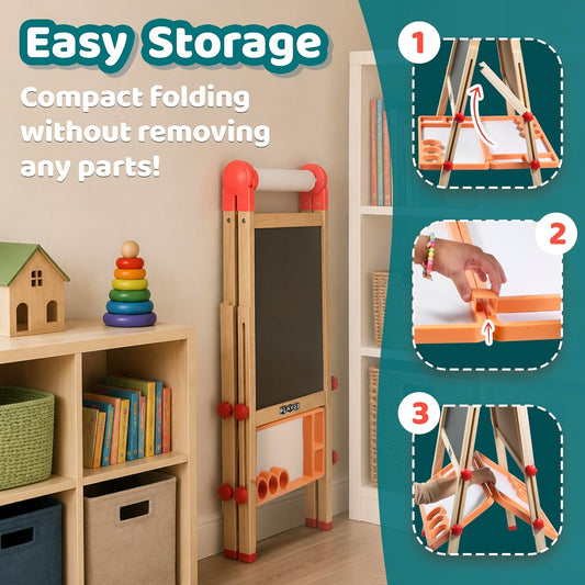 Wooden Art Easel for Kids – Adjustable, Foldable, Chalkboard & Whiteboard