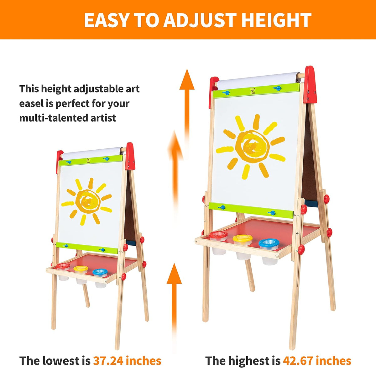 Hape E1010 Magnetic All in 1 Kids Height Adjustable Drawing Dry-Erase Chalkboard Wooden Artist Easel with 3 Paint Pots and Refillable Paper Roll