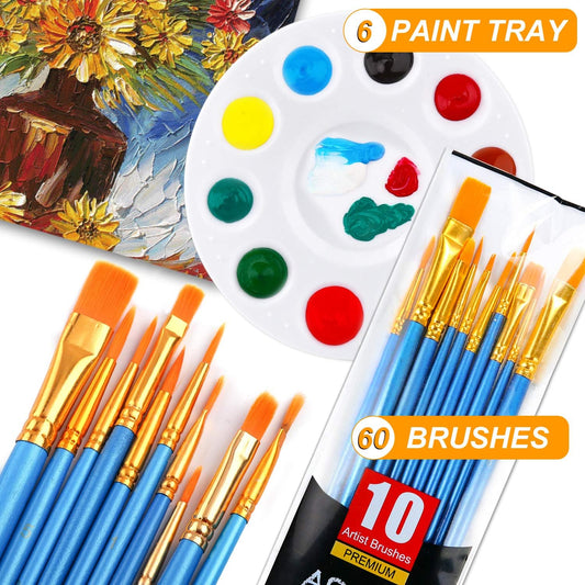 AROIC Paint Brush Palette Set, 6 Packs of 60 Brushes and 6 Tray Palettes