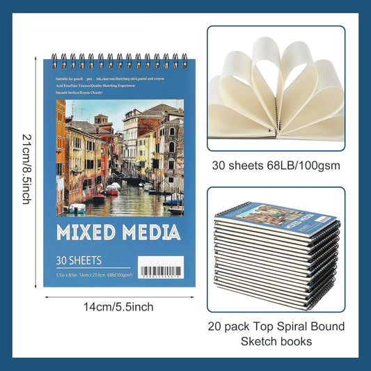Jexine 20 Pcs Sketch Book Bulk 5.5"x8.5" Top Spiral Bound,Mixed Media