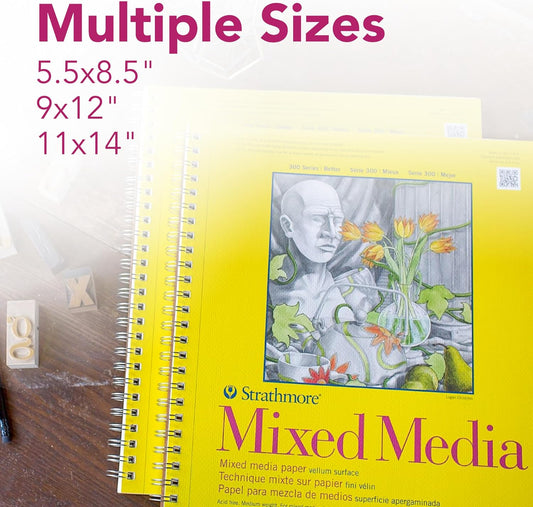 Strathmore 300 Series Wire Bound Mixed Media Pad, 90 lb. Vellum Paper, 9 X 12 inches, White, 40 Sheets (362-9)