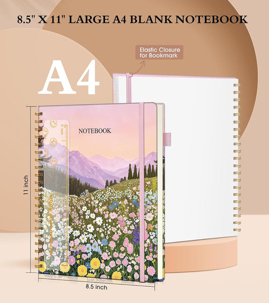 Blank Spiral Notebook Journal 8.5” x 11”, A4 Large Sketch Book for Women Men, 100 GSM Blank Paper Drawing Notebook, Hardcover Spiral Bound Sketchbook for Sketching Work School, Wildflower Mountainside