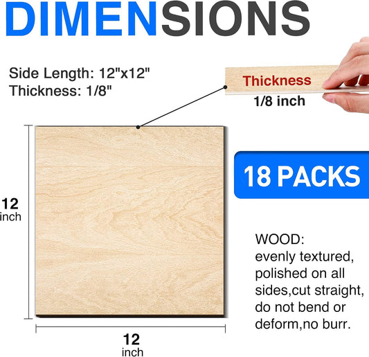 18 Pack Basswood Sheets 12"x12"x1/8" for Crafts, Unfinished Basswood Craft Board Perfect for DIY Ornaments and Models, Drawing, Painting, Engraving, Wood Burning, Laser Cutting