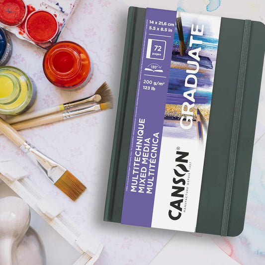 Canson Graduate Mixed Media Paper, Hard Cover Art Journal, 5.5x8.5 inches, 36 Sheets — Artist Paper for Collage, Watercolor, Ink, Pencil, Marker