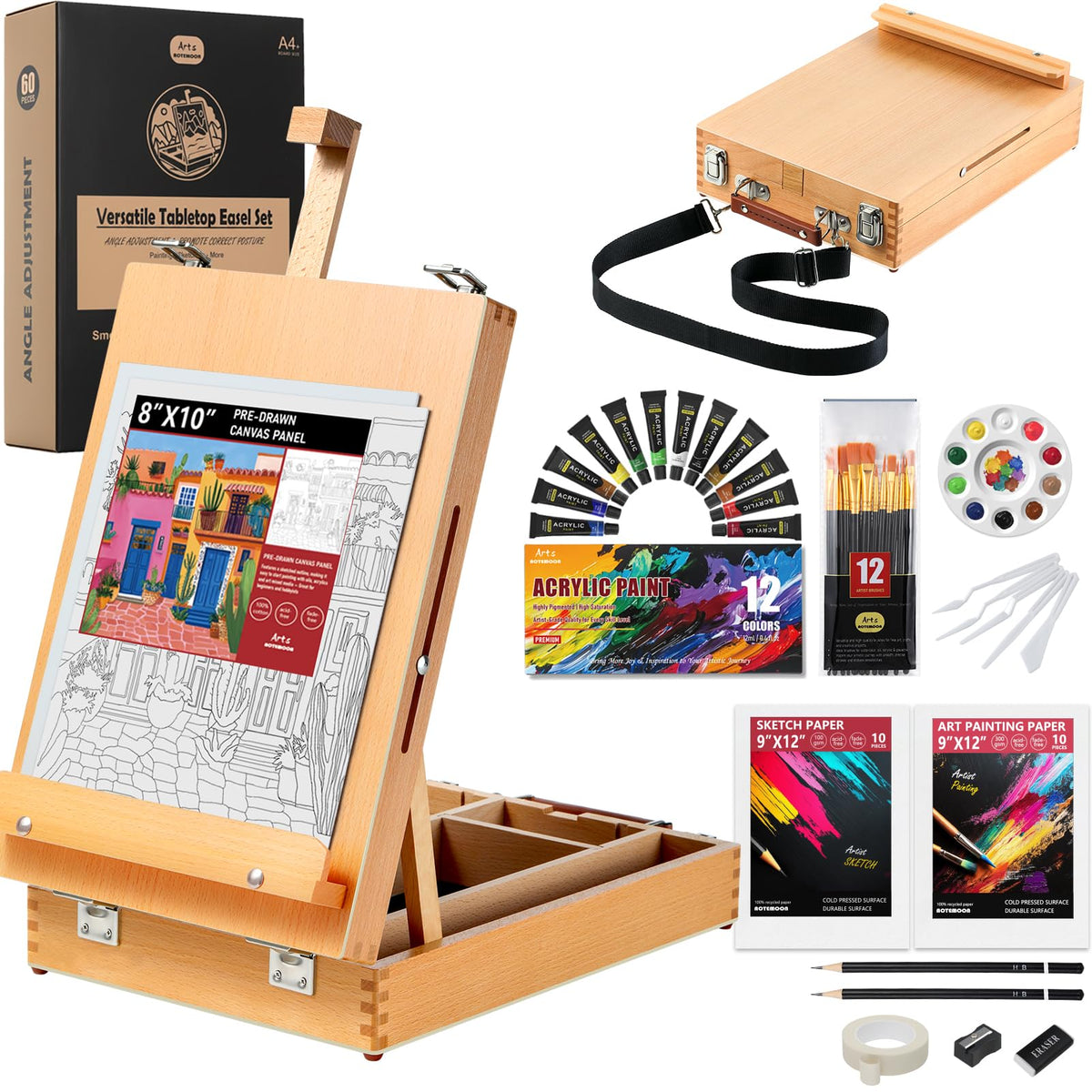 Beechwood Tabletop Easel for Painting, Portable Easel with Shoulder Strap