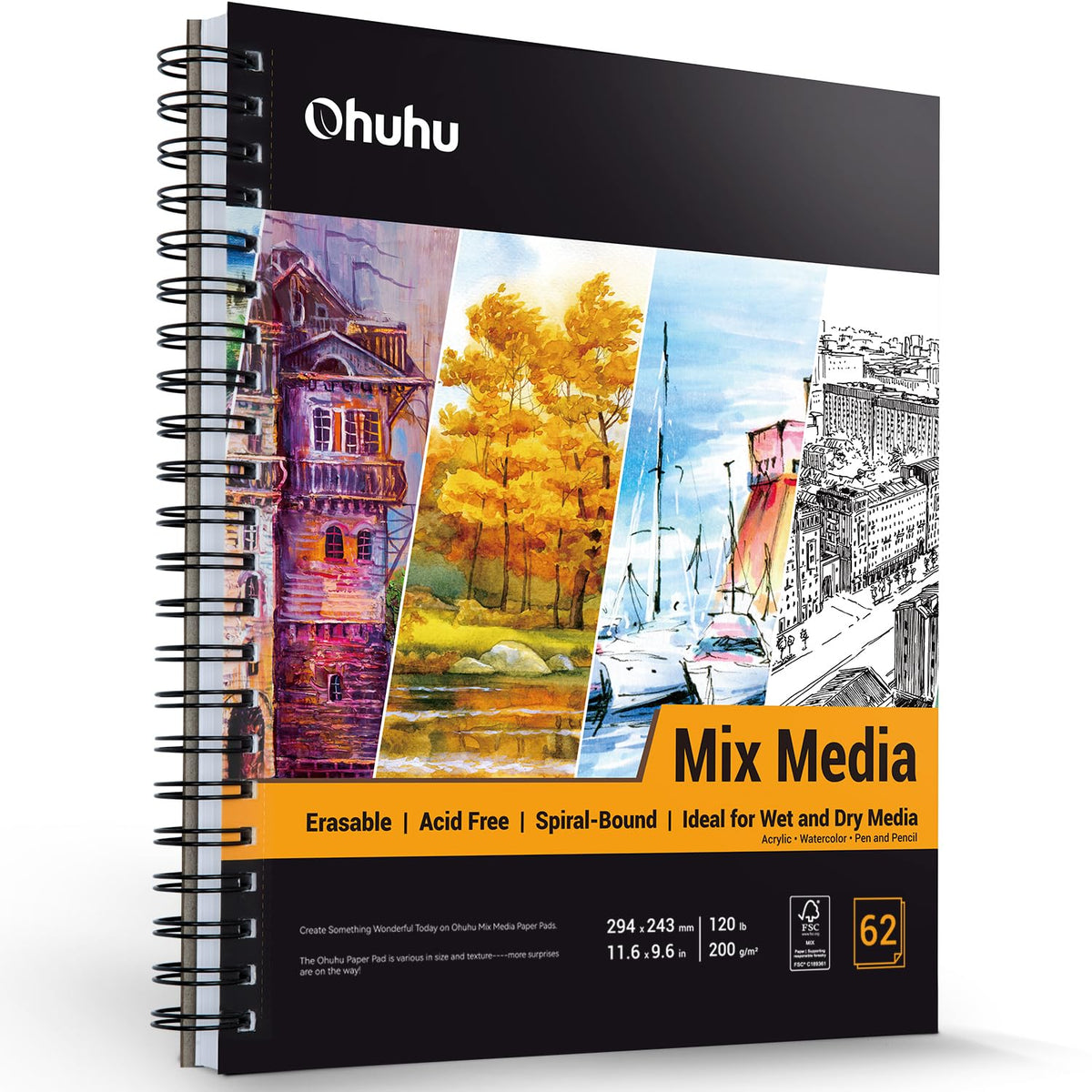 Ohuhu 7"x10" Mix Media Pad Art Sketchbook 62 Sheets for Painting Drawing