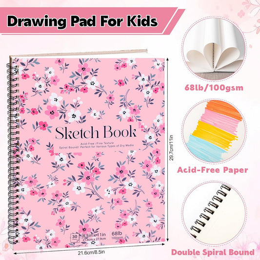 4 Pack Sketch Book for Kids, 8.5 × 11 in, Spiral Bound, 30 Sheets Each