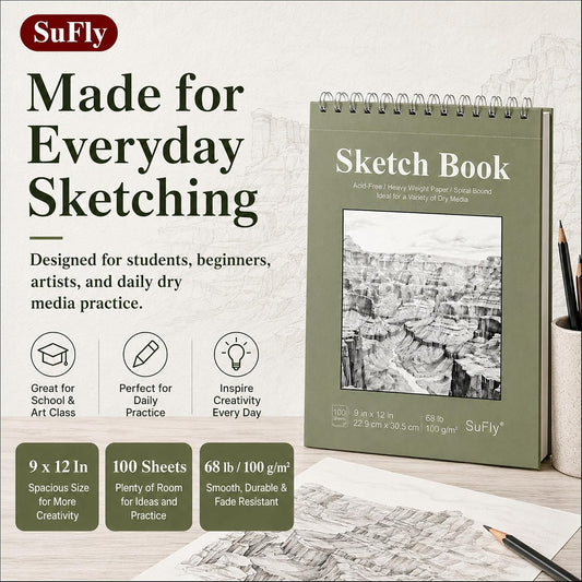 SuFly Sketch Book 9x12, 100-Sheet Drawing Paper Pad, 68lb/100gsm, Acid-Free