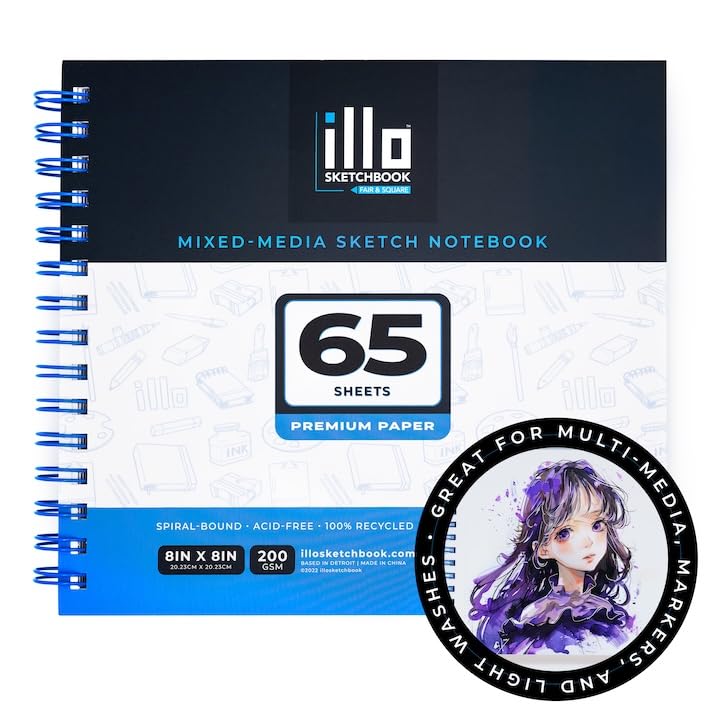 illo Sketchbook 8’’ x 8’’ Square Hardcover Sketch Book, (112lb/180gsm) Heavyweight Paper, Ribbon Marker, Back Pocket, Lays Flat, Minimal Bleed, Vegan, for Artists & Beginners