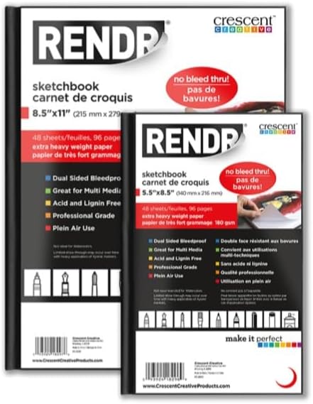 RENDR Hardbound Sketchbook 8.5x11, Bleed-Proof Paper for Alcohol Markers, Copic and Ink | 180 GSM, No Show-Thru, 48 Sheets