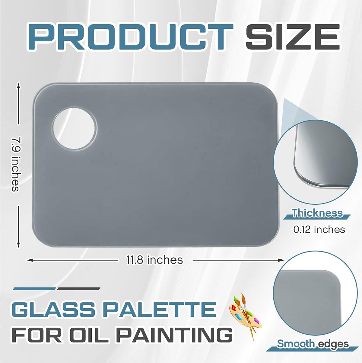 Nuanchu 8 x 12 Inch Handy Rectangle Neutral Grey Tempered Glass Palette for Oil Painting Artist Paint Palette Scratch Resistant Clean for DIY Color Mixing