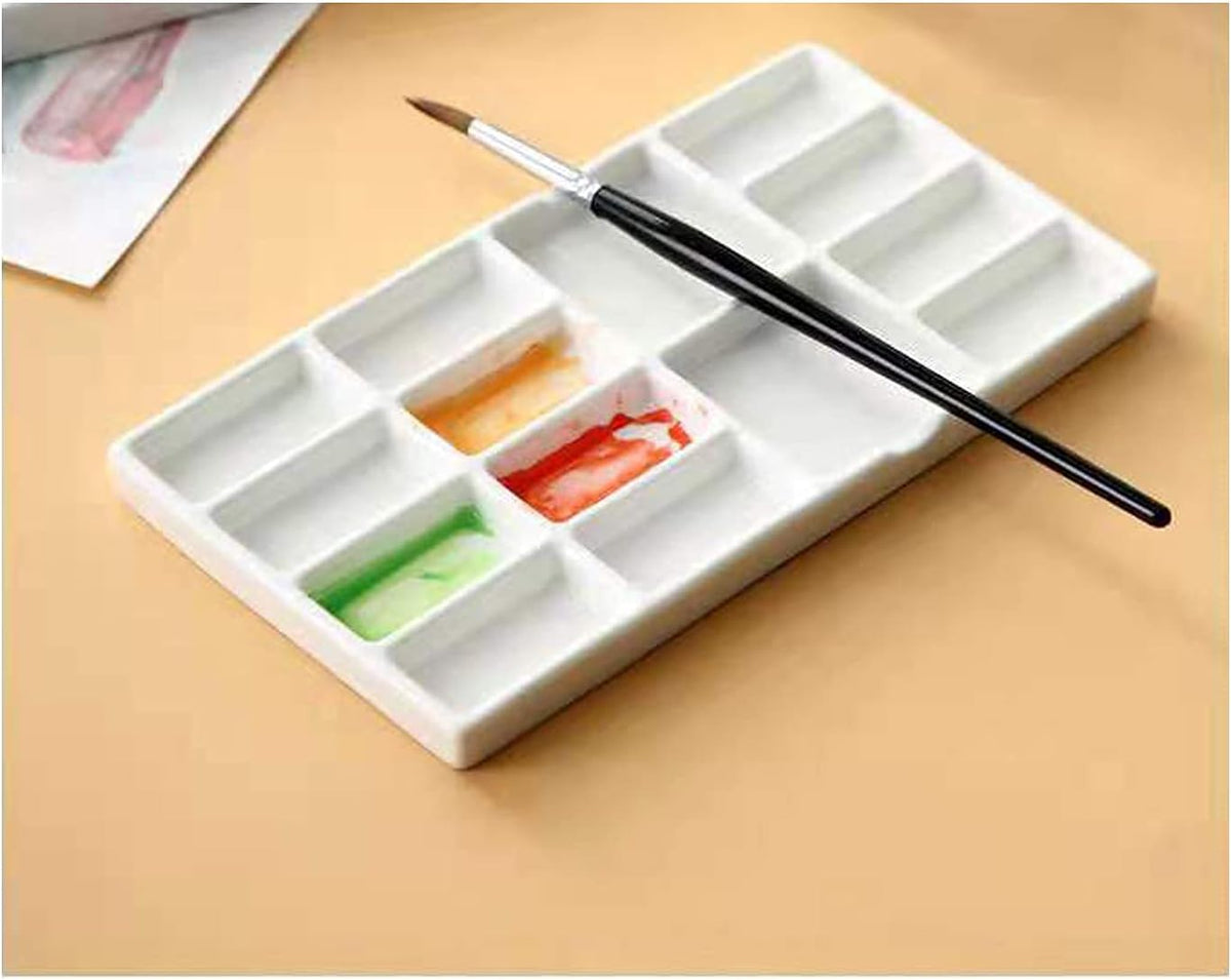 14 Wells Ceramic Artist Paint Palette - 8 Inch Porcelain Watercolor Painting Palette Ceramic Mixing Tray for Painters