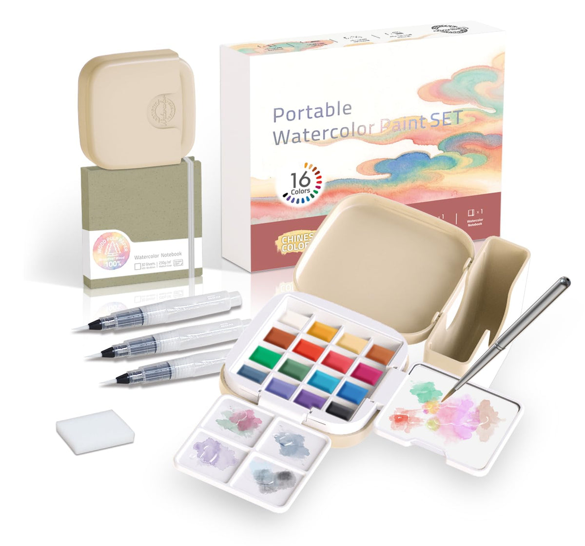 Mini Watercolor Paint Set, Compact Travel Art Kit with 16 Colors