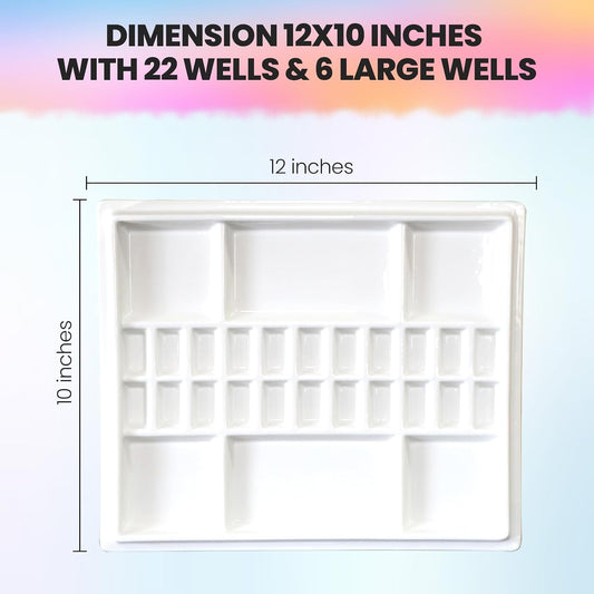 Large Ceramic Watercolor Palette with Wooden Lid, 22-Well Porcelain