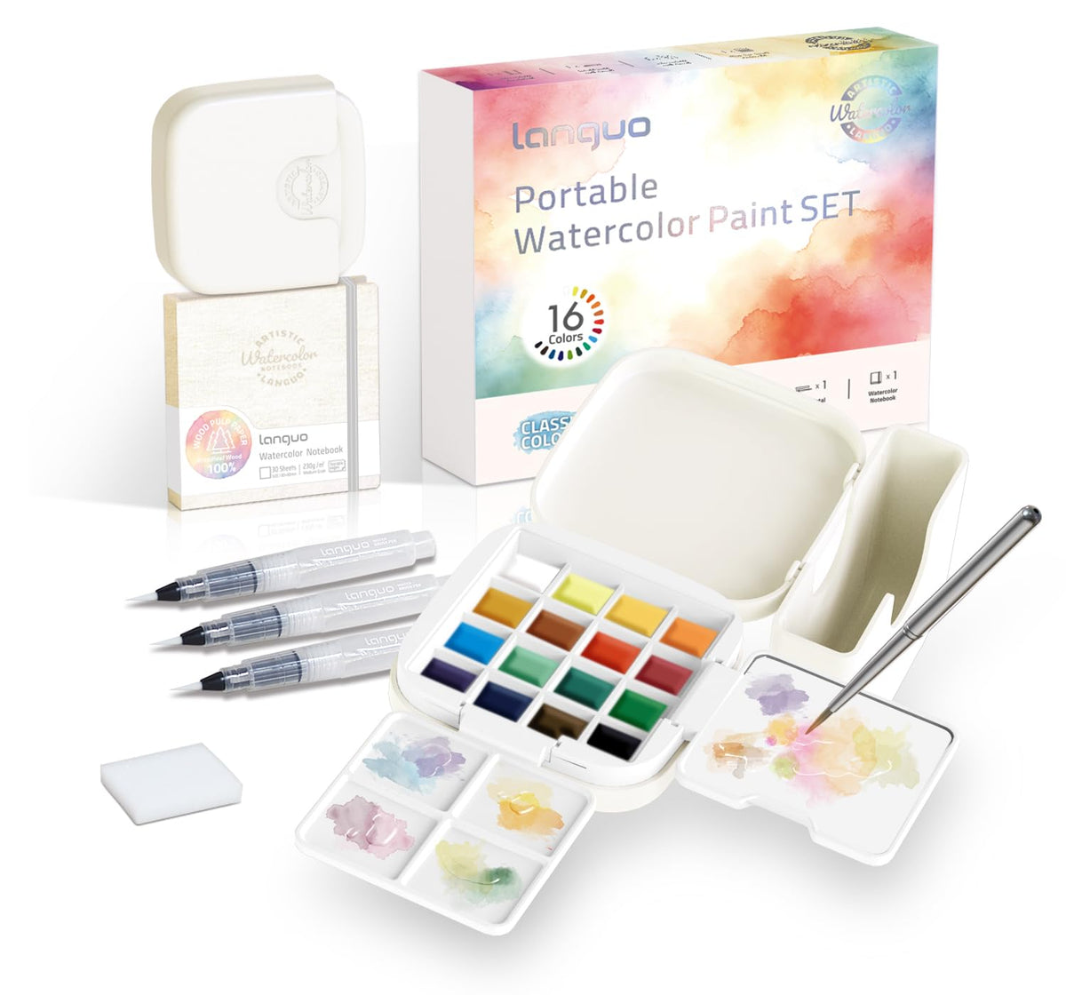 Mini Watercolor Paint Set, Compact Travel Art Kit with 16 Colors