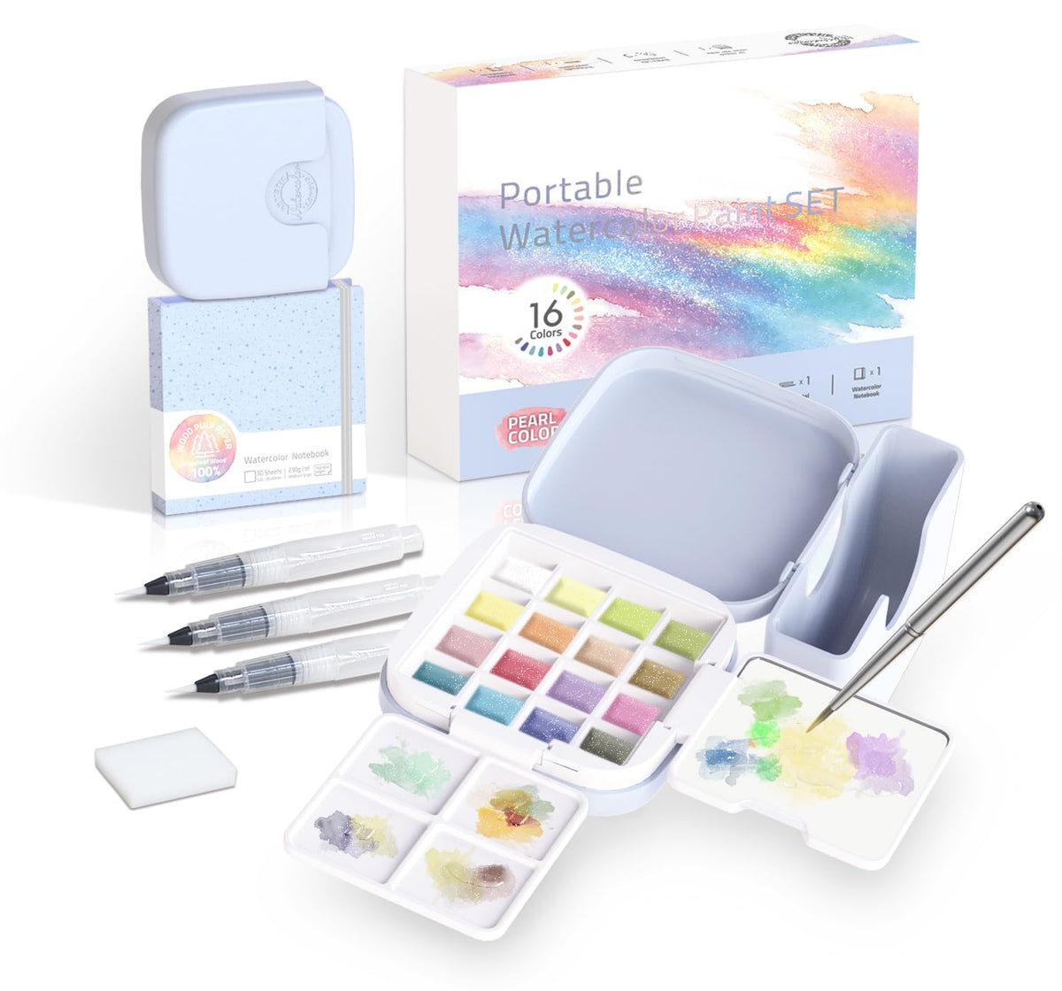 Mini Watercolor Paint Set, Compact Travel Art Kit with 16 Colors