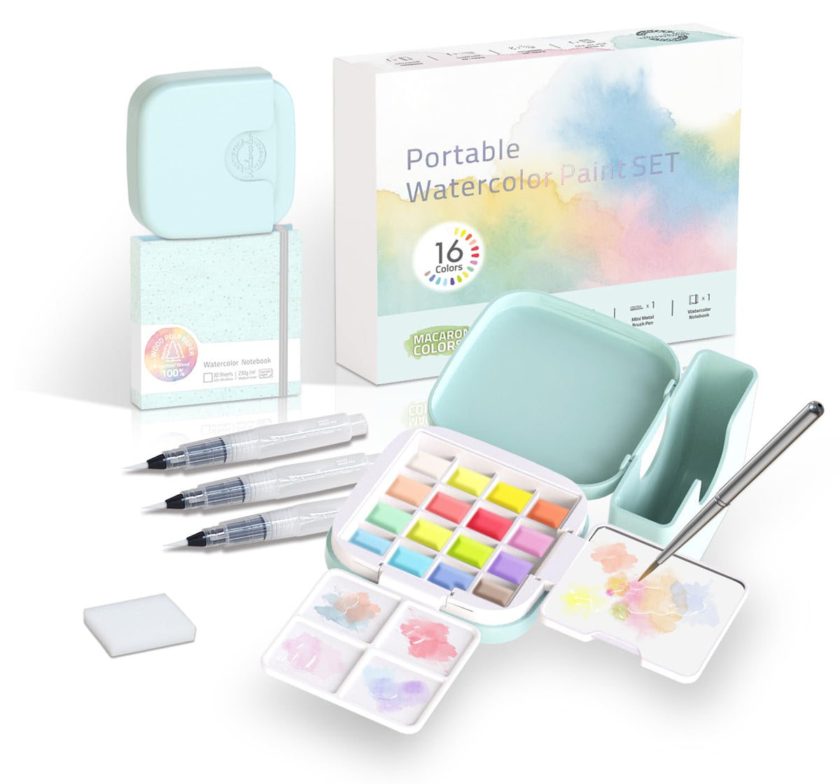 Mini Watercolor Paint Set, Compact Travel Art Kit with 16 Colors