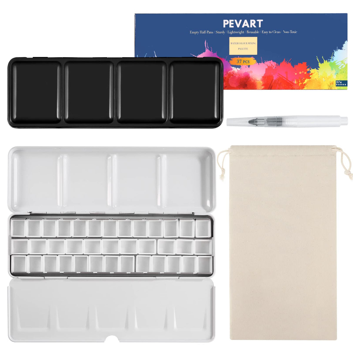 PEVART Empty Watercolor Paint Palette, Metal Box Mixing Palette Case with 50 Water Color Half Pans and Fold-Out Palette Tin Paint Tray Travel Watercolor Set,Acrylic, Gouache, Oil Painting