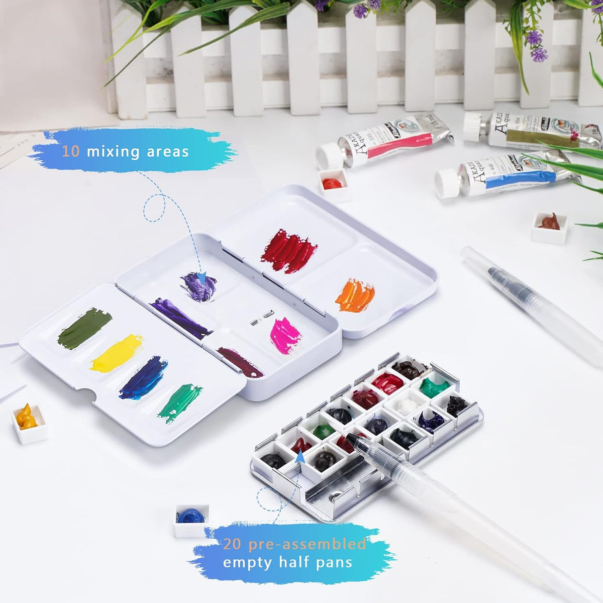 PEVART Empty Watercolor Paint Palette, Metal Box Mixing Palette Case with 50 Water Color Half Pans and Fold-Out Palette Tin Paint Tray Travel Watercolor Set,Acrylic, Gouache, Oil Painting