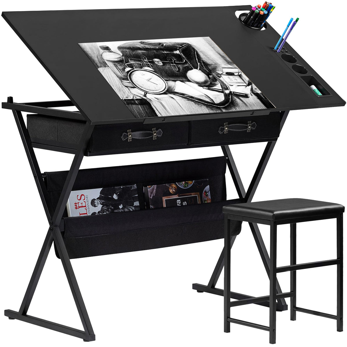 VECELO Drafting Table Art Desk Art Table Adjustable Drawing Table Tilted Tabletop with 2 Storage Drawers and Stool, Drawing Desk for Artist Painters Drawing, Crafting, Reading, Writing, Rustic Brown