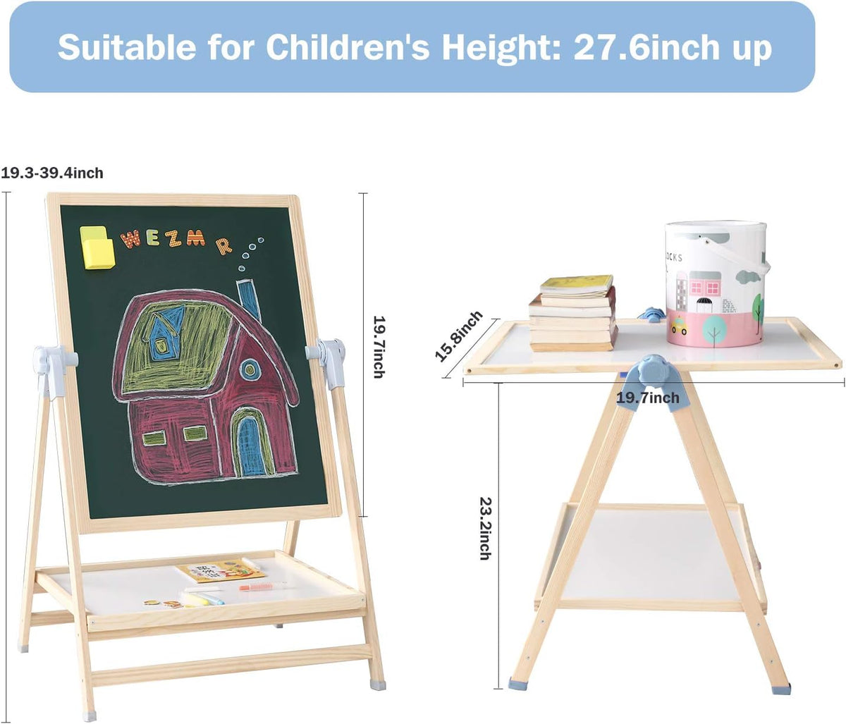 QZMTOY Kids Art Easel, Deluxe Standing Easel Set, Adjustable Art Table
