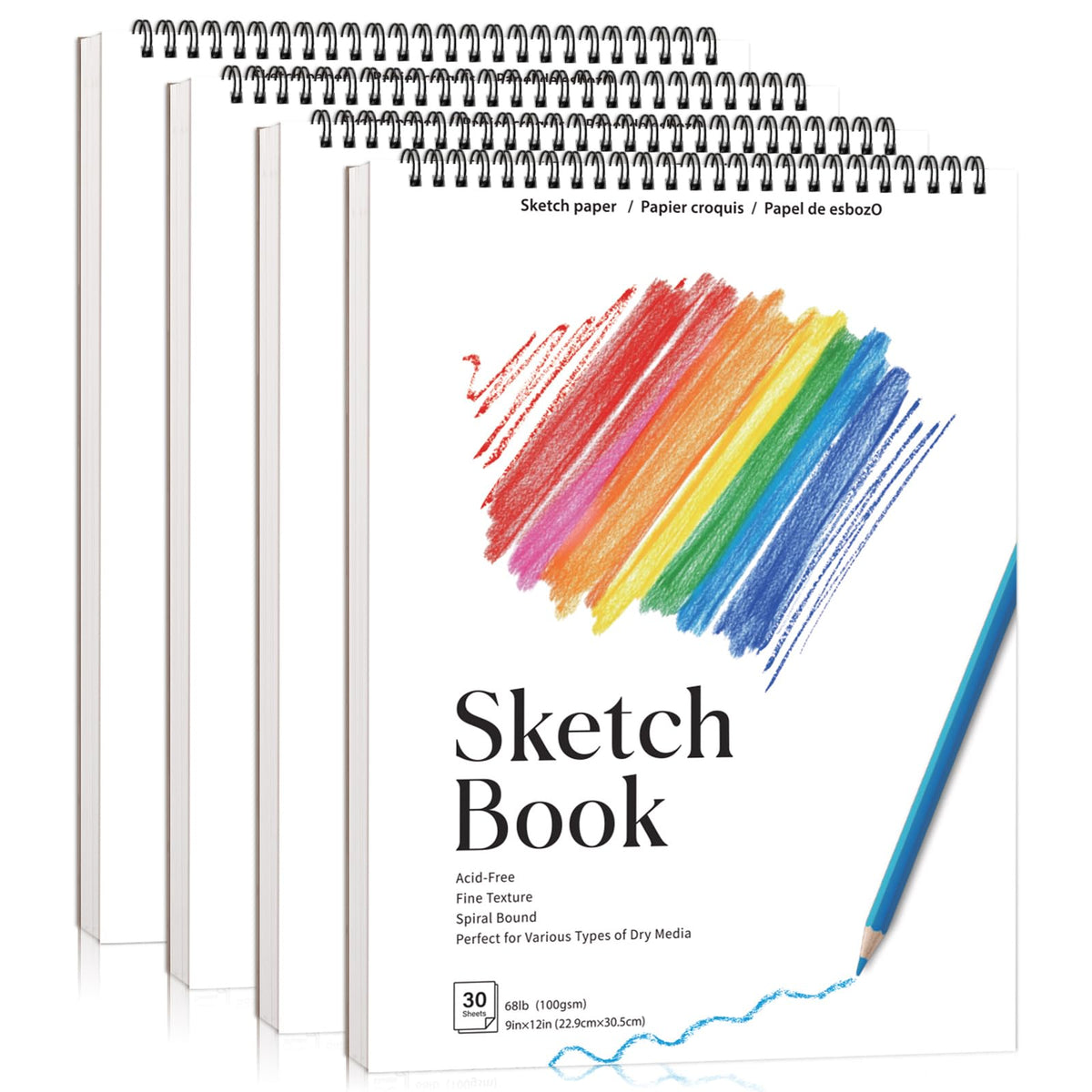 4 Pack Sketch Book for Kids, 8.5 × 11 in, Spiral Bound, 30 Sheets Each