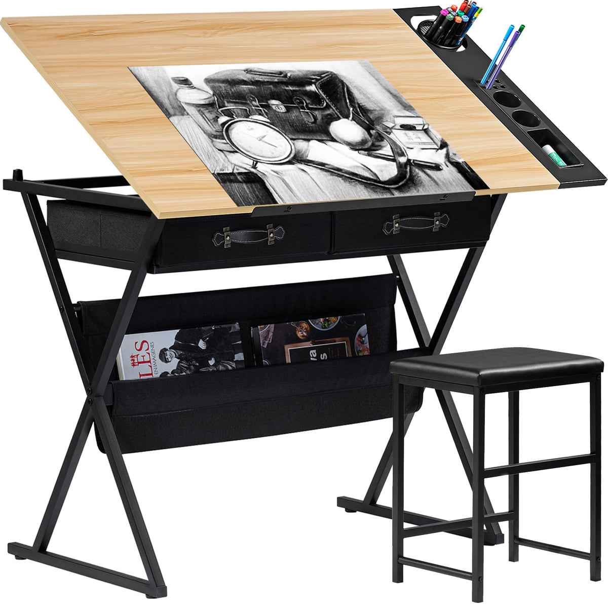 VECELO Drafting Table Art Desk Art Table Adjustable Drawing Table Tilted Tabletop with 2 Storage Drawers and Stool, Drawing Desk for Artist Painters Drawing, Crafting, Reading, Writing, Rustic Brown