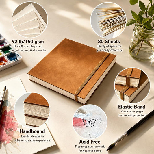 tumuarta Deckle Edge Paper Sketchbook, 92 LB, 150 GSM, 80 Sheets Mixed Media Paper, Acid Free, Handmade Journal Hardbound Vintage Sketch Book for Pencil, Ink, Markers, Acrylic and More (8" X 8")
