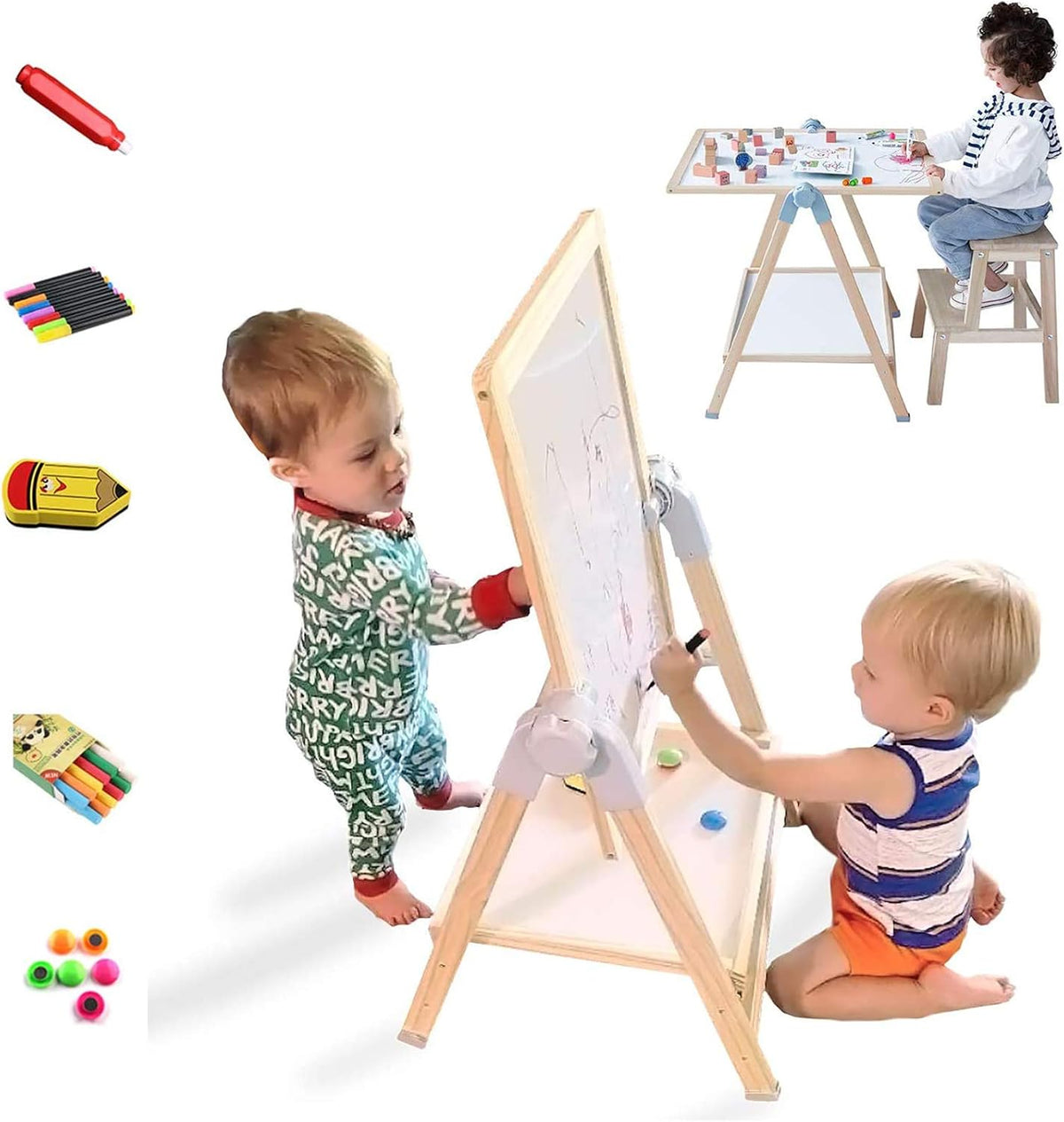 QZMTOY Kids Art Easel, Deluxe Standing Easel Set, Adjustable Art Table