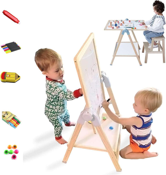 QZMTOY Kids Art Easel, Deluxe Standing Easel Set, Adjustable Art Table