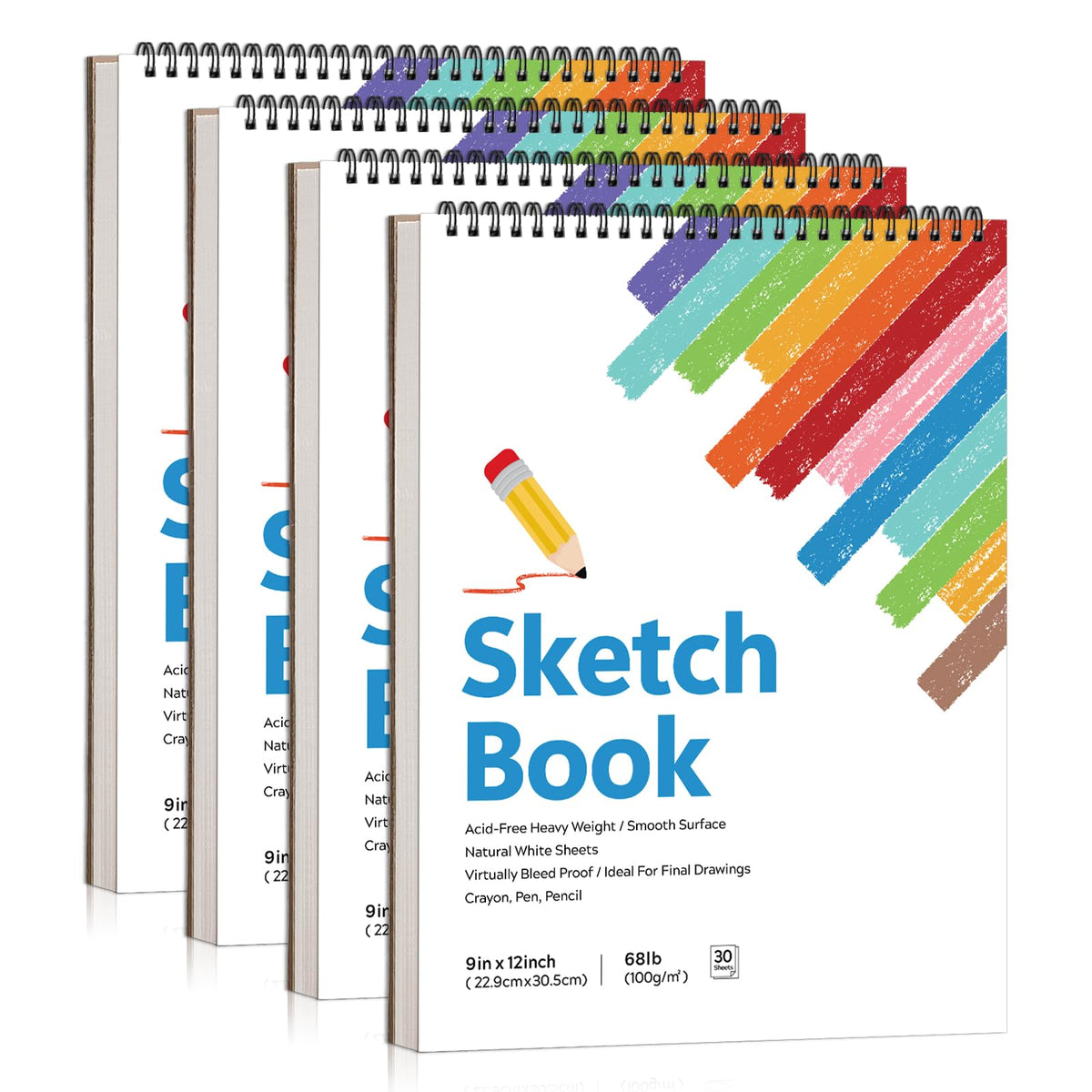 4 Pack Sketch Book 9 × 12in, Spiral Bound, 100gsm Acid-Free Sketch Pads