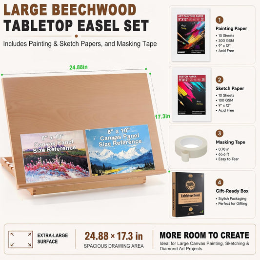 24.9"x17.3" Beechwood Tabletop Easel with Paint and Sketch Papers,Mask Tape