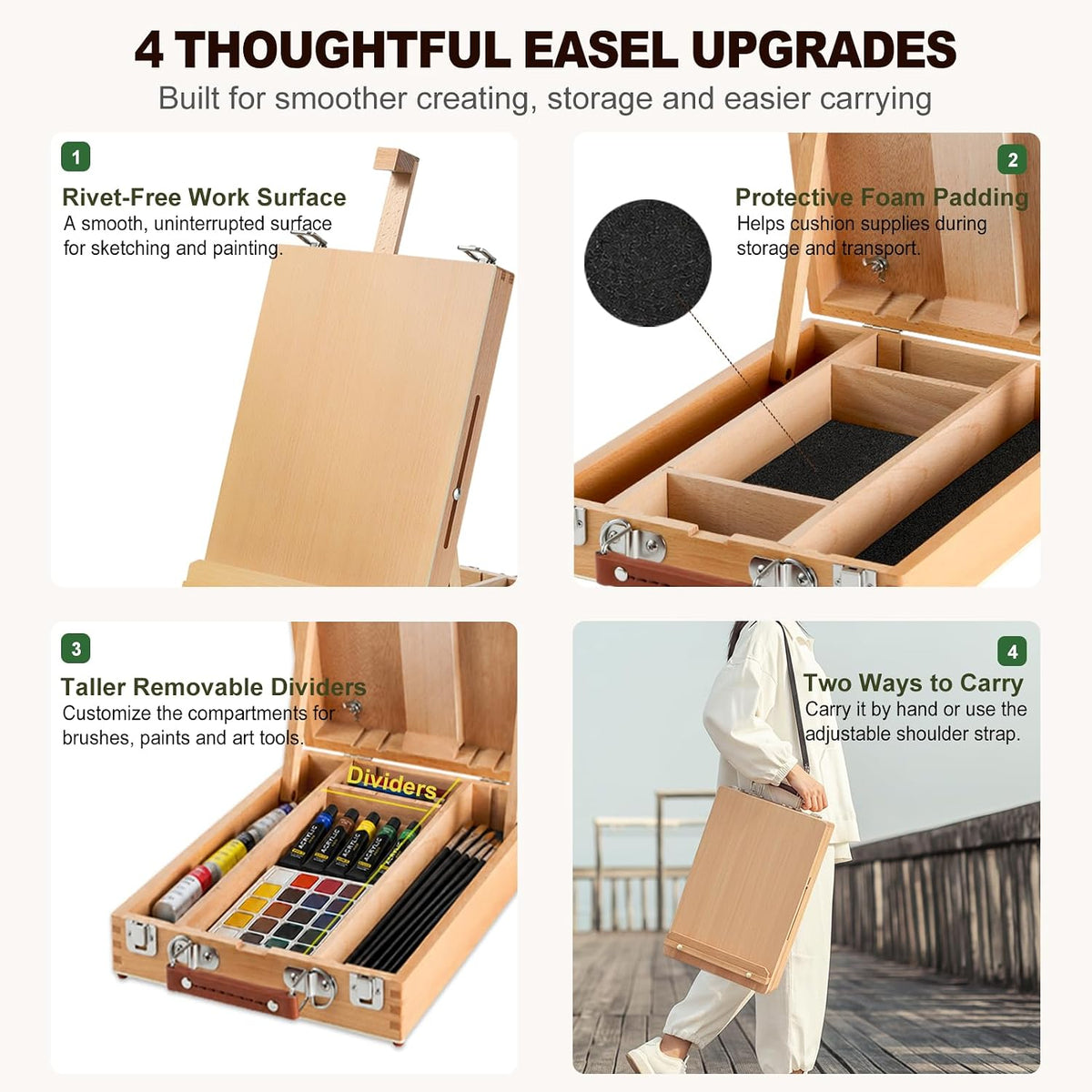 Beechwood Tabletop Easel for Painting, Portable Easel with Shoulder Strap