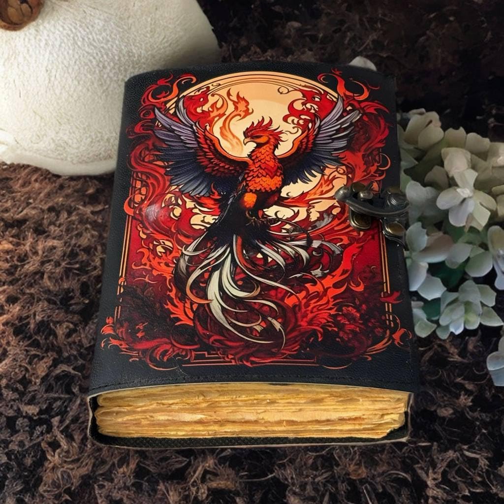 ANSAR HANDICRAFTS The Phoenix Grimoire – Handmade Leather Journal, Blank Spell Book of Shadows, Vintage Junk Journal, Gothic Sketchbook & Notebook with 200 Deckle Edge Pages – Gifts for Him & Her