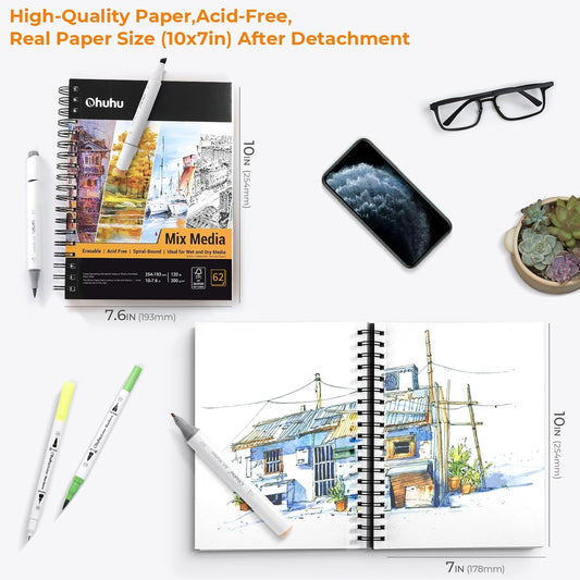 Ohuhu 7"x10" Mix Media Pad Art Sketchbook 62 Sheets for Painting Drawing