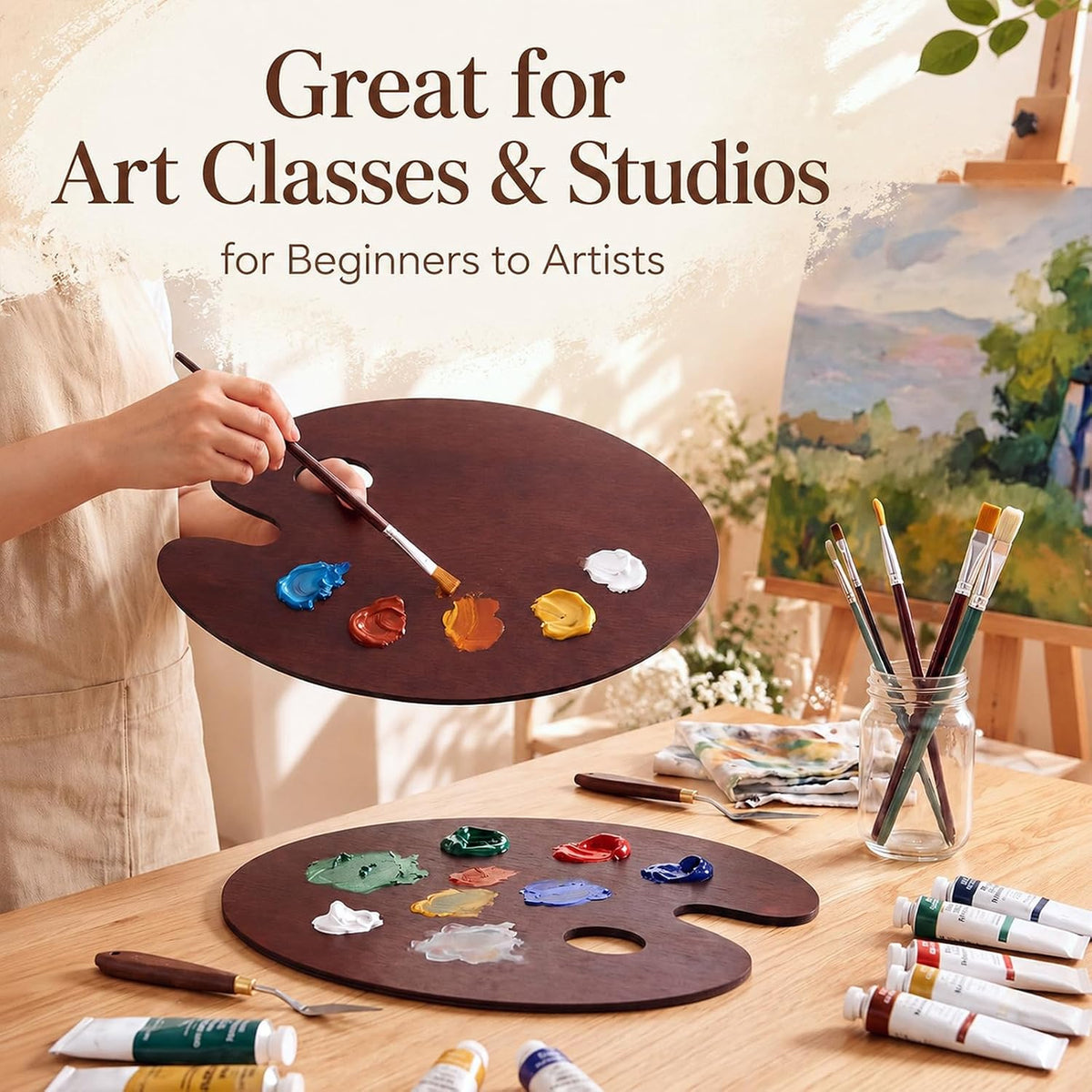 Marspark 2 Pcs Oval Walnut Wooden Paint Palette 16 x 12 Inch Smooth Paint Tray Palettes for Acrylic Double-Sided Glazed Painting Tray for Watercolor Oil Painting DIY Artistic Craft