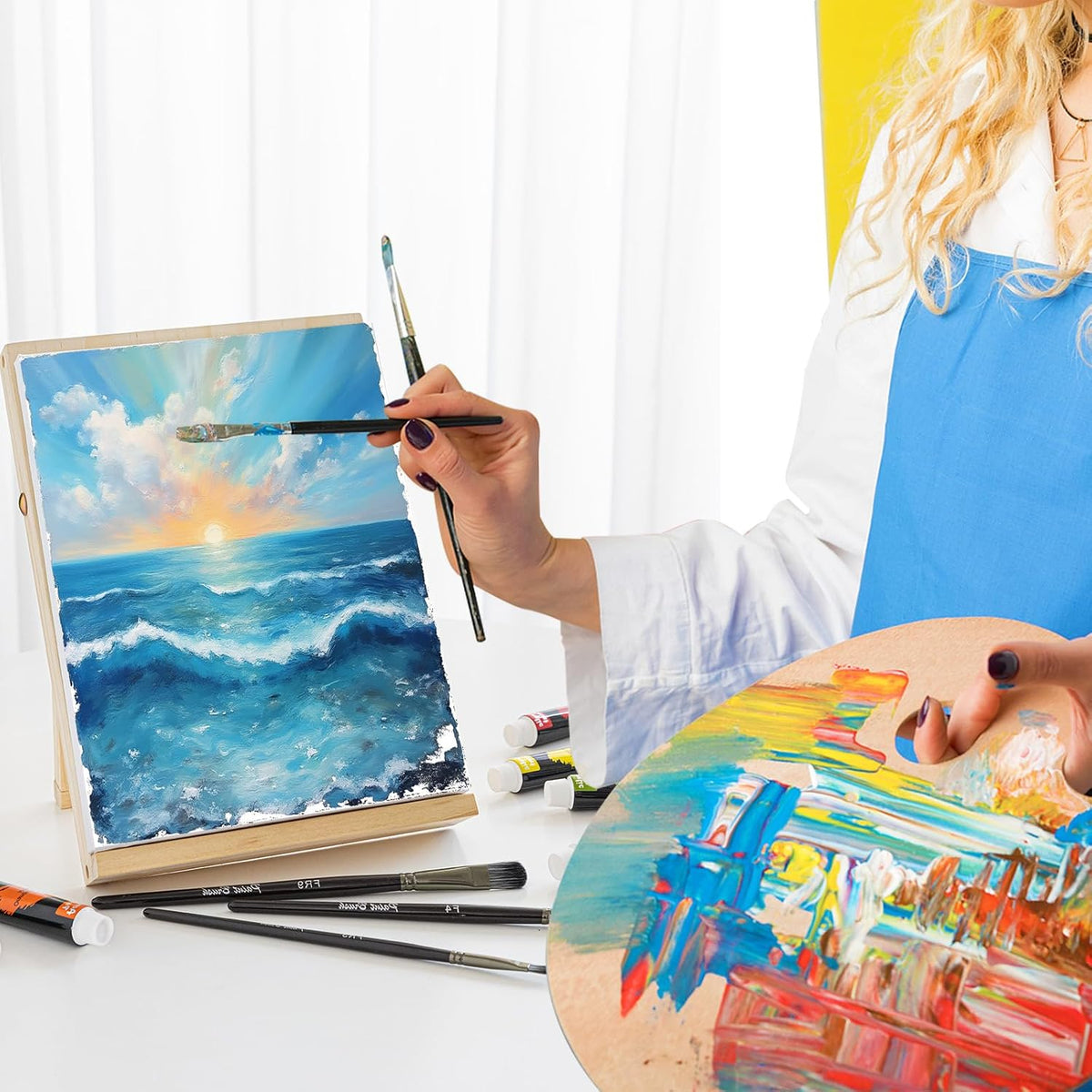 6 Pack Canvas with Tabletop Easel, Art Canvas Kit for Beginners