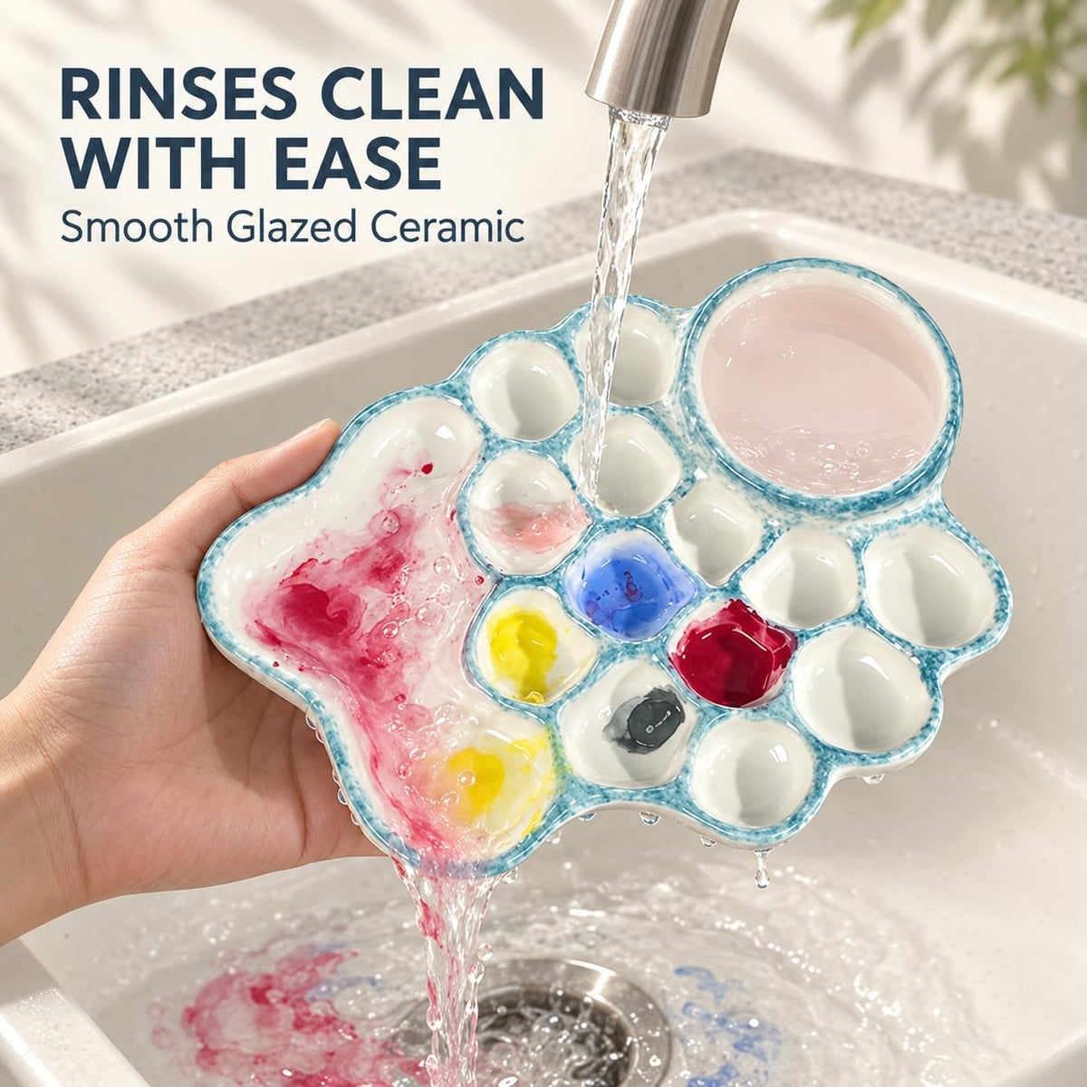 Blue Ceramic Paint Palette with Built-in Washing Area and Large Mixing Area