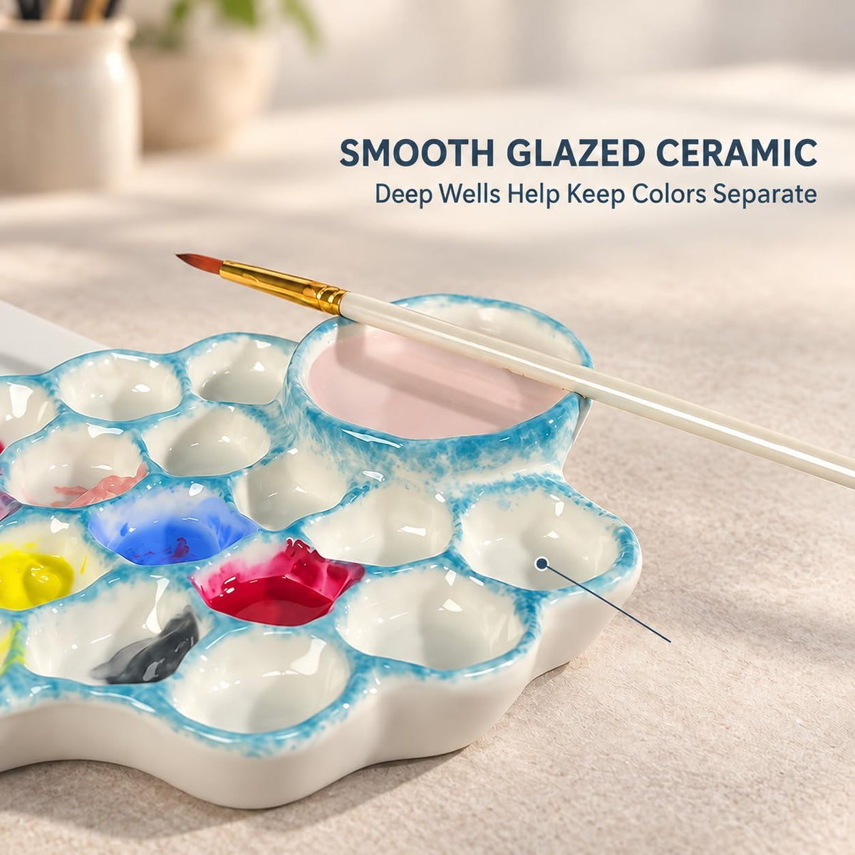 Blue Ceramic Paint Palette with Built-in Washing Area and Large Mixing Area